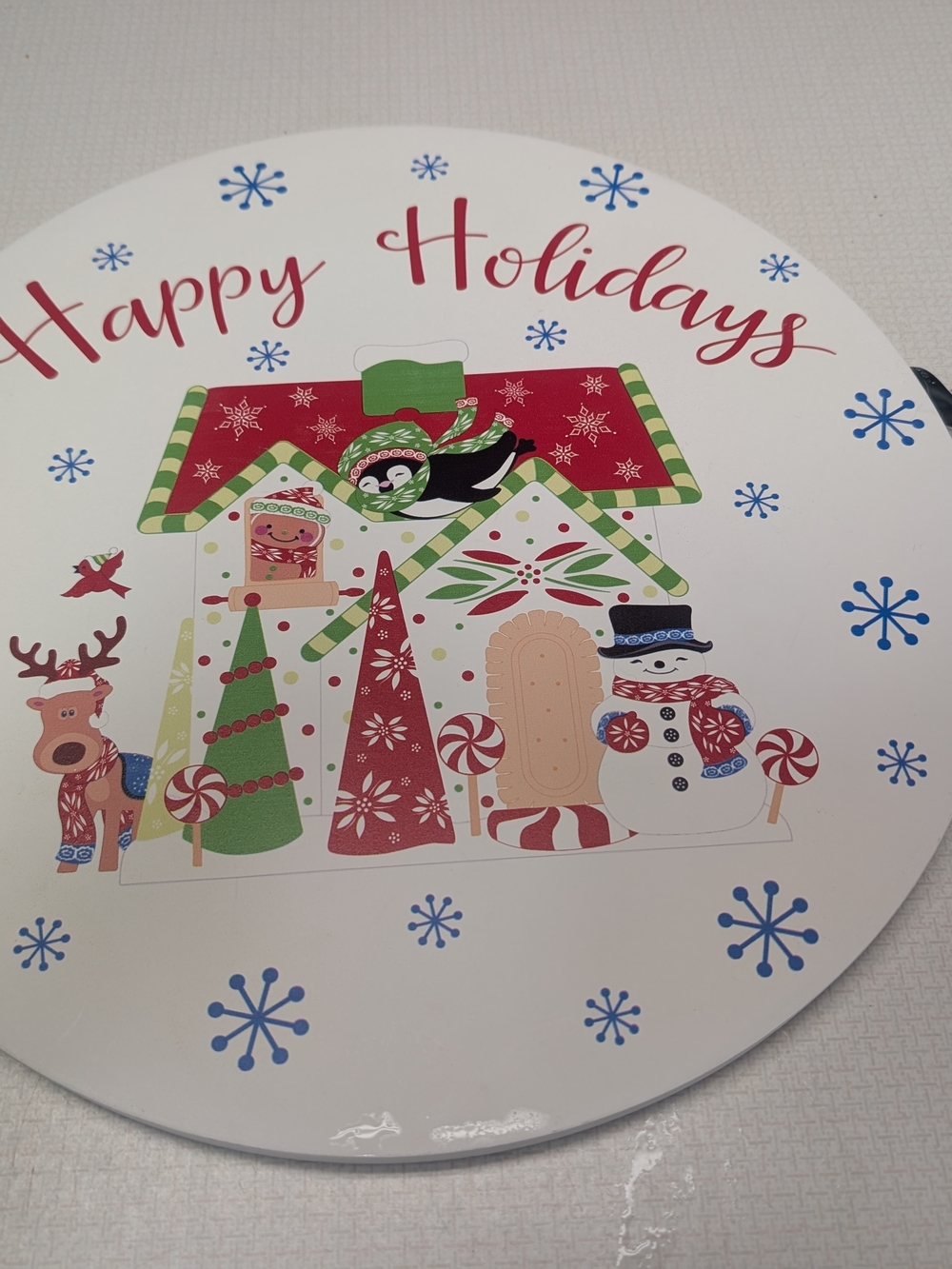 Temptations 15.5" Reversible Round Wood Tray Home Sweet Home /Happy Holidays